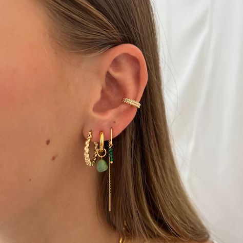 Jewelry For Green Dress, Mix And Match Earrings, Green Earring Stack, Earrings Combinations, Earring Combinations, Mix Match Earrings, Jewelry Combinations, Cool Ear Piercings, Bracelets Design