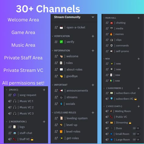 clean basic discord server channels for twitch and youtube streamers #discordideas Twitch Discord Server, Discord Server Category Ideas, How To Grow Your Discord Server, Role Names For Discord, Discord Role Ideas Funny, How To Make A Discord Server, Gaming Discord Server Ideas, Discord Bots To Use, Discord Role Ideas Aesthetic