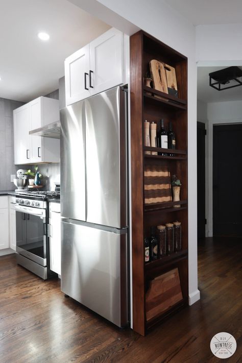 DIY Easy Storage Shelf (For The Side Of My Fridge)! - DIY Huntress Kitchen Side Storage, Side Of The Fridge Storage, Coffee Bar On Side Of Fridge, Side Fridge Storage Diy, Storage Side Of Fridge, Shelf For Side Of Fridge, Frame Around Fridge, Hiding Side Of Fridge, Side Refrigerator Ideas