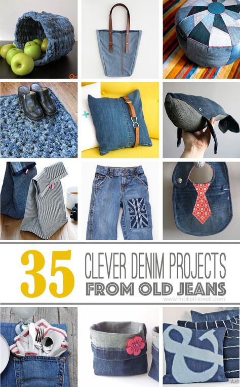 35 Clever Projects from OLD DENIM JEANS | via Make It and Love It What To Do With Old Jeans, Denim Jeans Diy, Återvinna Jeans, Artisanats Denim, Jean Diy, Recyceltes Denim, Ikea Rug, Denim Scraps, Fabric Stiffener