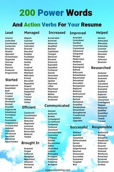 200 power words and action verbs for writing your resume. More powerful words for lead, managed, increased, improved, helped, started, efficient, communicated, researched, successful, responsible, and brought in... If you want a good job, you need a great resume. And if you want to be persuasive, you need an extensive vocabulary. #powerwords #resume #actionverbs #writing #words Positiva Ord, Tatabahasa Inggeris, Power Words, Teaching Resume, Essay Writing Skills, Action Verbs, Descriptive Words, Good Vocabulary Words, Good Vocabulary