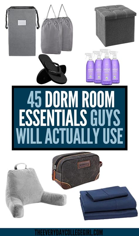 Dorm Room Essentials for Guys Boy College Dorms, College Dorm Necessities, Dorm Room List, College Dorm List, College Dorm Bathroom, Dorm Room Supplies, College Dorm Diy, Guy Dorm, Guy Dorm Rooms