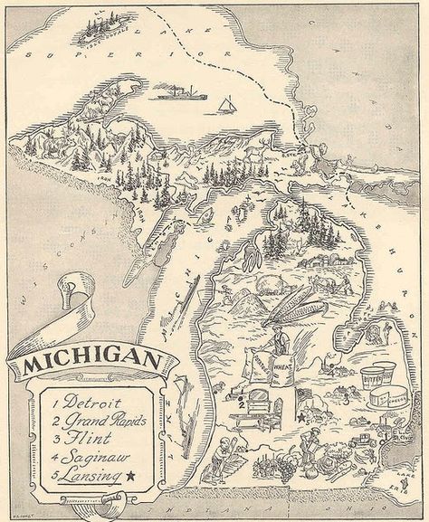 Here is another cool old map of Michigan. This one from the public domain Picture Map Geography of the United States . Via the Northern V... Map Of Michigan, Michigan Map, All The Bright Places, Michigan Art, Vintage Michigan, Pictorial Maps, Michigan Travel, State Of Michigan, Old Maps