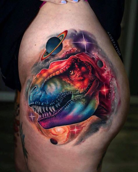 Rainbow T-Rex in Space by Andres Acosta, an artist at Exile Art Collective in Austin, Texas. T Rex Tattoo, Planet Tattoo, Small Tattoo Placement, Surreal Tattoo, Dinosaur Tattoos, Wicked Tattoos, Greek Tattoos, Space Tattoo, Female Tattoo