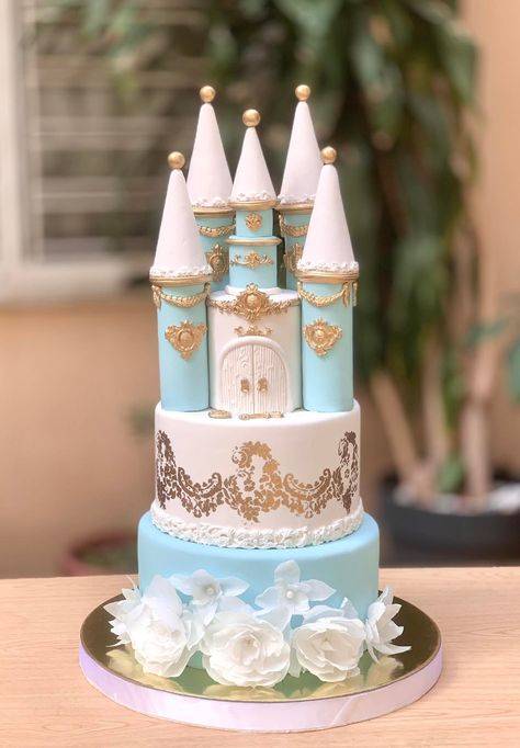 Two-tier cake Cinderella castle Cake Cinderella, Cinderella Castle Cake, Cinderella Birthday Cake, Frozen Birthday Theme, Cinderella Cake, Two Tier Cake, 33rd Birthday, Cinderella Party, Castle Cake