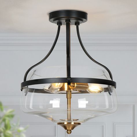 This 14 in. 3-Light Modern Black Semi-Flush Mount Ceiling Light with Seeded Glass Shade is inspired by the modern industrial farmhouse, the matte black, and brass metal finish, and round glass shade of the modern farmhouse flush mount ceiling light… Black Interior Lights, Entrance Foyer Chandelier, Black And Gold Semi Flush Mount Light, Black Bathroom Ceiling Light, Modern Contemporary Light Fixtures, Modern Black Dining Room Light, Flush Mount Ceiling Lights Dining Room, Trending Chandeliers 2024, Modern Island Lights
