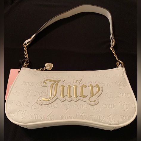 The Perfect White Summer Bag! Debossed J Hearts All Over. Big Gold-Tone Juicy Logo On Front. Comfortable Shoulder Strap Combines Faux Leather And Gold-Tone Chain. Crystal Encrusted Heart Charm On Zipper Pull. One Zipped And One Slip Pocket Inside. Top Opening Measures About 10” With Zip Closure. About 5.5” Tall And 2” Deep. New With Tags. Baguette, Couture, 2024 Goals, Girly Bags, Fancy Bags, Juicy Couture Bags, Summer Bag, Pretty Bags, Summer Bags