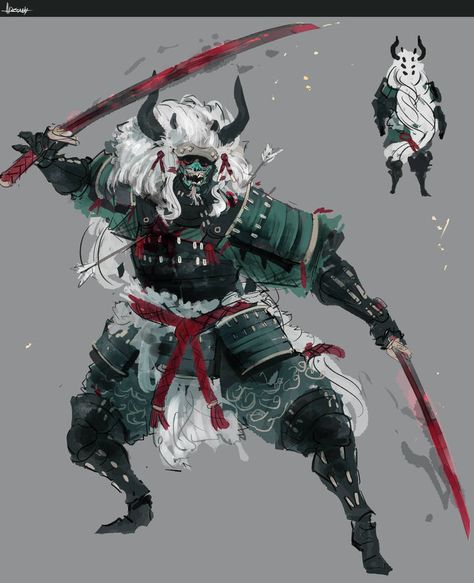 Fantasy Samurai Art, Fantasy Samurai Armor, Samurai Rpg Character, Modern Samurai Concept, Japanese Warrior Drawing, Oni Concept Art, Ronin Character Design, Samurai Armor Art, Japanese Character Art