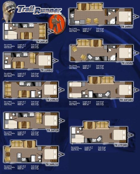 Heartland Trail Runner travel trailer floorplans - 9 models Trailer Home Floor Plans, Tiny Home Trailer Floorplan, Trailer Floor Plans, Travel Trailer Floor Plans, Rv Floor Plans, Cozy At Home, Rv Homes, Trail Runner, Small Cottages