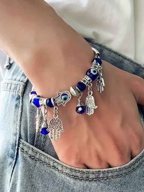 Evil Eye Hamsa Bracelet, Evil Eye Charm Bracelet, Evil Eye Jewelry Bracelet, Hamsa Hand Jewelry, Girly Bracelets, Hand Decor, Evil Eye Hand, Evil Eye Bracelets, Hand Evil Eye