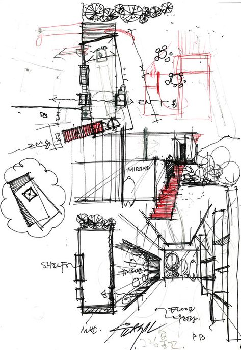 Jung Gil-Young Gallery Sketch Narvik, Conceptual Sketches, Architecture Sketchbook, Architecture Concept Diagram, Architecture Design Sketch, Architecture Concept Drawings, Interior Sketch, Construction Drawings, Architectural Sketch