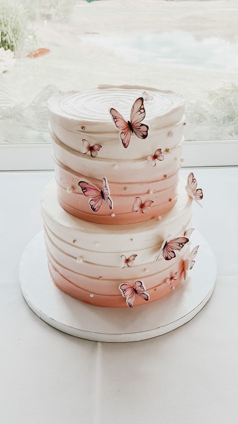 We made this 2-tiered ombré wavy butterfly cake for a bridal shower! It’s also perfect for birthdays, baptisms and baby showers! 2layer Cake Design Birthday, Cake Designs 2 Tier Birthday, Butterfly Tier Cake, 11 Birthday Cake Ideas, 2 Tier Butterfly Birthday Cake, Butterfly Theme Cake 2 Tier, Cake Designs Ombre, Butterfly Tiered Cake, 2 Tier Birthday Cake Ideas