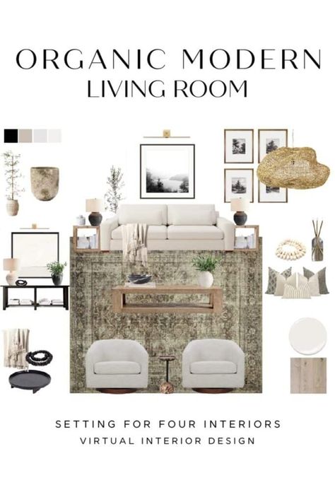 Beautiful Modern Neutral Living Room Decor Ideas and Mood Board. moodboard. woven pendant light fixture. vintage landscape art. photography art. Neutral sofa, swivel chairs, wood coffee table, living room rug, neutral pillows, console table decor, living room decor, coffee table decor ideas.  Setting For Four Interiors  Virtual Interior Design Services  Designer and True Color Expert Neutral Living Room Furniture, Neutral Modern Living Room, Modern Organic Living Room, Mood Board Living Room, Summer Decor Ideas, Organic Modern Living Room, Neutral Living Room Design, Organic Living Room, Neutral Sofa