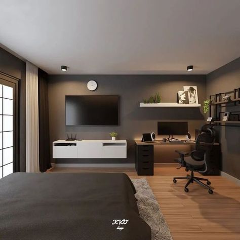 Simple Bedroom Ideas For Small Rooms, Male Bedroom Ideas, Bedroom Workspace, Mens Bedroom Decor, Black Bedroom Design, Bedroom Redesign, Modern Minimalist Bedroom, Minimalist Bedroom Design, Room Redesign