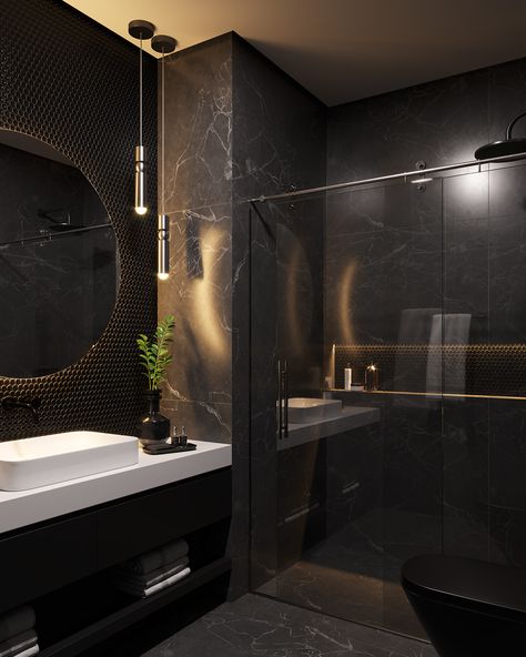 Drømme Bad, Black Tile Bathrooms, Bathroom Design Black, Dark Bathrooms, Bathroom Inspiration Modern, Washroom Design, Bad Inspiration, Bathroom Design Inspiration, Bathroom Design Decor