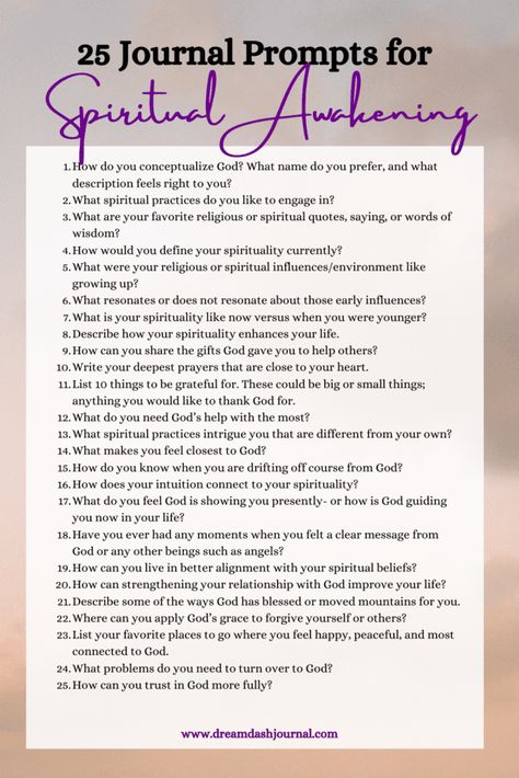 Journal prompts for spiritual awakening- 25 powerful spiritual journal ideas with free PDF printable worksheet. Explore your spirituality through journal writing. Simply download and print the journal questions! #journalprompts #spiritualawakening #writing #journal #journaling Questions About Spirituality, Spirituality Topics To Research, Becoming Spiritually Awakened, Things To Write In A Spiritual Journal, Journal Prompts For Getting Over Someone, Divine Masculine Journal Prompts, Journaling Ideas Spiritual, Astrology Journal Prompts, Spiritual Questions To Ask Yourself
