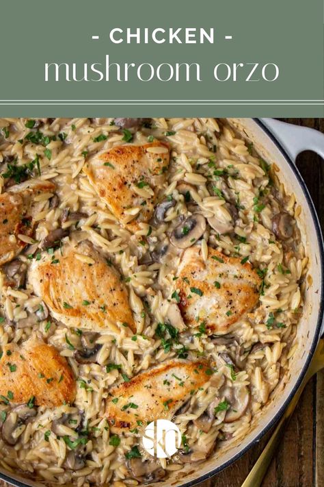 This creamy chicken mushroom orzo recipe is a quick, easy, and healthy one-pot meal that the whole family is sure to love. Healthy Creamy Mushroom Chicken, Mushroom Chicken Orzo, Chicken Mushroom Orzo Recipes, Creamy Orzo Recipes Chicken, Orzo Chicken One Pot, Easy Dinner Recipes Orzo, Orzo With Chicken Recipes, Mushroom Risotto With Chicken, Chicken Orzo One Pot