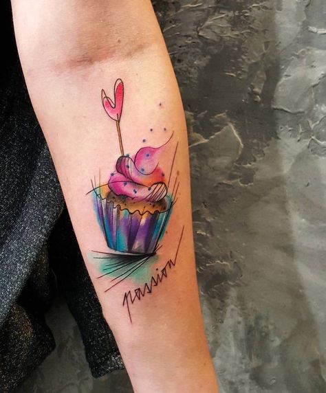 Cupcake and Word Tattoo by Simona Blanar Cupcake Tattoo Designs, Baking Tattoo, Panda Tattoos, Baker Tattoo, Culinary Tattoos, Cupcake Tattoo, Chef Tattoo, Cupcake Tattoos, Food Tattoos