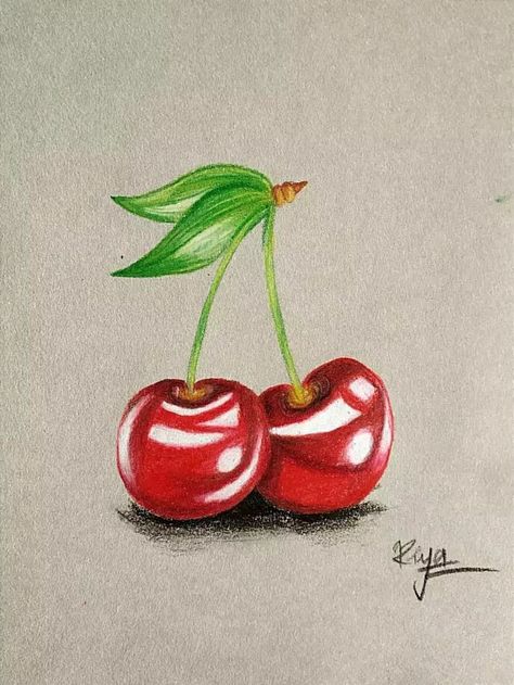 A colourful drawing of cherry on brustro grey sketch book by brustro colour pencils 🍒🌿❤️💚 Tela, Cherry Realistic Drawing, Pencil Colour Still Life Drawing, Cherry Colored Pencil Drawing, Fruit Coloured Pencil Drawing, Colour Pencil Drawing Reference, Plastic Colour Drawing, Still Life Colour Drawing, Still Life Drawing Colour Easy