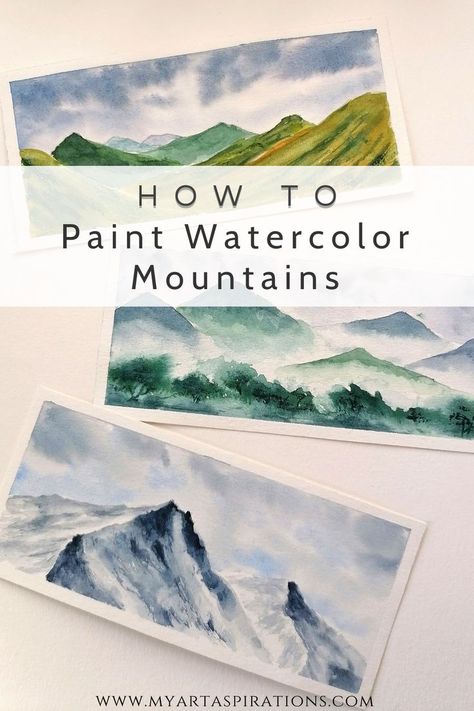 Watercolor Art Mountains Easy, Easy Watercolor Mountains How To Paint, Mountain Range Watercolor, Paint Snowy Mountains, Watercolor Misty Mountains, Easy Step By Step Watercolor Paintings, How To Paint Watercolor Mountains, Watercolor Mountains Simple Tutorial, Watercolor Snowy Mountains