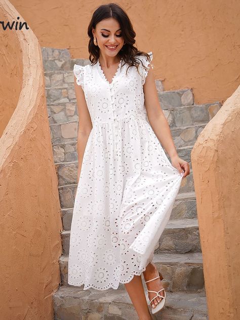 Mid Calf Dresses, Brocade Dresses, Mode Casual, High Waist Dress, High Waist Fashion, Holiday Style, Cotton Midi Dress, White Midi Dress, Holiday Fashion