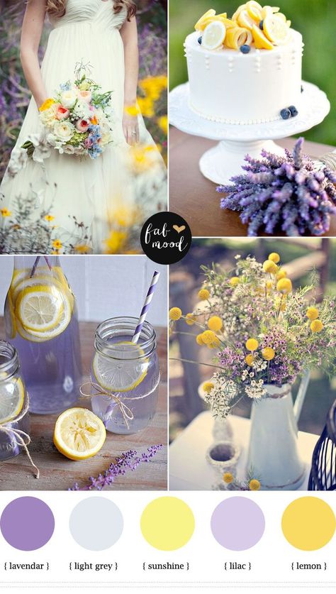 Lemon lavender wedding colors | http://fabmood.com/lemon-lavender-wedding-colors-palette/ Lavender Lemonade Color Palette, Purple Yellow Wedding, Lavender Wedding Colors, Blueberry Wedding, Wedding Color Schemes Summer, Choosing Wedding Colors, Lemon Wedding, Yellow Wedding Theme, Lavender Lemonade