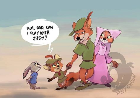 Judy Hopps, Nick, Robin Hood & Maid Marian (Disney Meets Disney by Psychoon @Tumblr) #Zootopia #RobinHood Disney Crossovers, Disney Theory, Nick Wilde, Disney Zootopia, Images Disney, Disney Jokes, Disney Memes, Zootopia, Twilight Sparkle