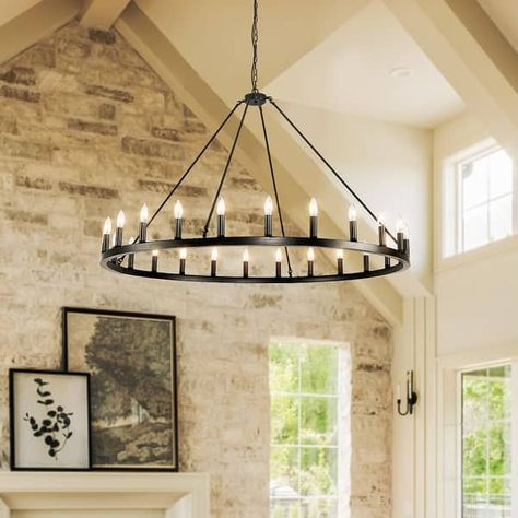 54-inch Round Wagon Wheel 24-light Chandelier - On Sale - Bed Bath & Beyond - 38312045 Outdoor Entry Chandelier, Covered Porch Chandelier, Large Circle Chandelier, Stairwell Chandelier Farmhouse, Farmhouse Entry Chandelier, Farmhouse Chandelier Living Room, Entryway Lighting Front Entry, Cathedral Lighting, Entry Way Light