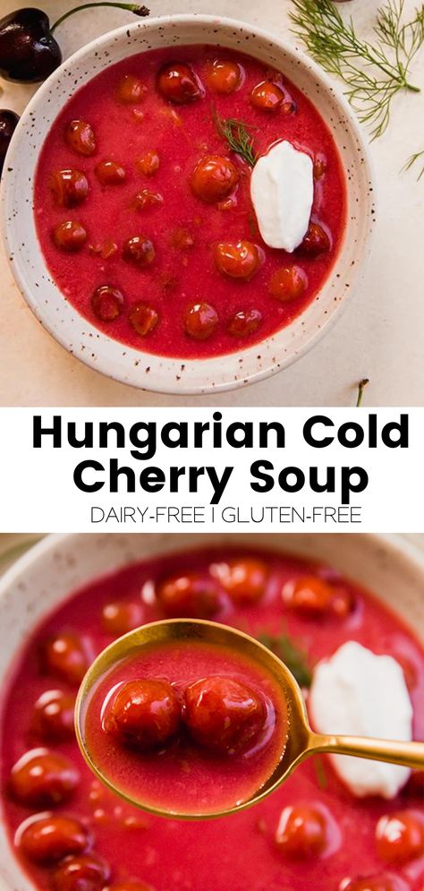 Hungarian Cold Cherry Soup - Unbound Wellness Eastern European Recipes, Cherry Soup, Recipes Using Sour Cream, Unbound Wellness, Sour Cherries, Cherry Desserts, Cold Soup, Soup Season, Hungarian Recipes