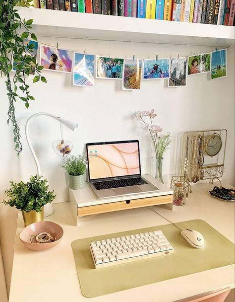 Desk Setup Aesthetic Laptop, Laptop And Keyboard Desk Setup, Desk With Laptop Stand, Study Monitor Setup, Office Desk With Monitor Stand, Laptop Stand And Keyboard, Desk Ideas With Laptop, Desk Laptop Aesthetic, Cute Laptop Desk Setup