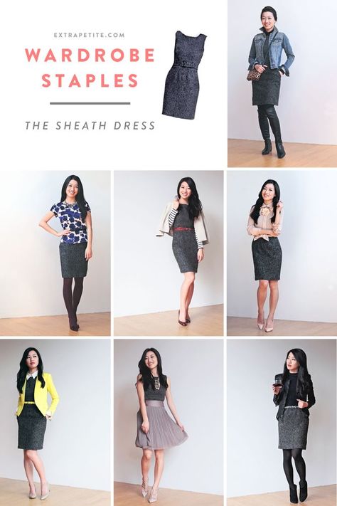 Styling a sheath dress, via Extra Petite. (Alas, less relevant now, since I'm a grad student.) Professional Attire, Pencil Skirts, Sheath Dress Outfit, Mode Tips, Extra Petite, Moda Chic, Elegantes Outfit, Black Sheath Dress, Work Outfits Women