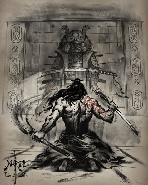 The Blind Ninja — Tale of Ronin Ronin Tattoo, Blind Ninja, Dragon Tattoo Drawing, Easy Draw, Samurai Tattoo Design, Art Of Fighting, Samurai Artwork, Back Tattoos For Guys, Marvel Characters Art