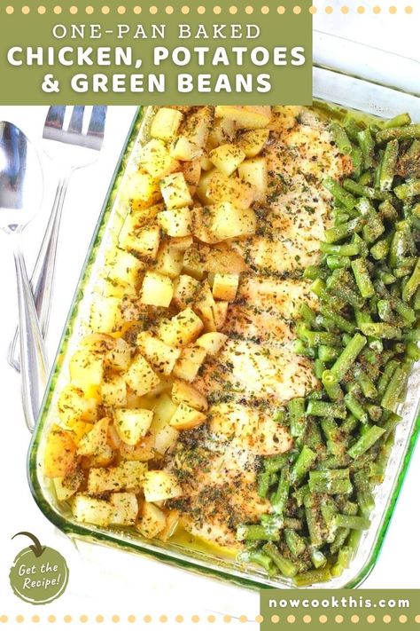 This classic one-dish baked chicken, potatoes and green beans with Italian seasonings is so easy and delicious, it's sure to become a regular in your dinner rotation. If you're looking for a simple, no-fuss, family-friendly meal with minimal prep time, easy clean-up, and lots of flavor, this is a must-try. After a few quick minutes to put it all together, the oven does the rest of the work for you. All that's left to do it sit down and enjoy! Get the recipe and give it a try! Baked Chicken Potatoes, Chicken Potatoes And Green Beans, Chicken Green Beans Potatoes, Oven Green Beans, Classic Meals, Chicken Sheet Pan, Baked Green Beans, Italian Seasonings, Potatoes And Green Beans