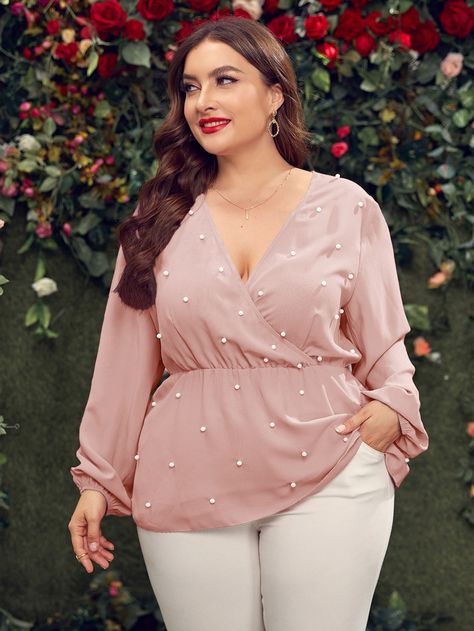 Dusty Pink Elegant  Long Sleeve Polyester Plain Peplum  Slight Stretch Spring Plus Size Tops Stylish Dress Book, Peplum Blouse, Mode Hijab, Curvy Girl Outfits, Blonde Beauty, Chiffon Blouse, Plus Size Blouses, Plus Size Tops, Dusty Pink