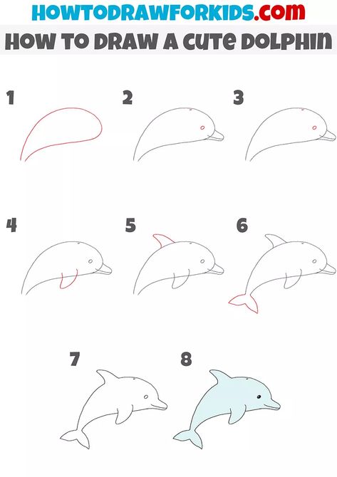 How to Draw a Cute Dolphin Step by Step - Easy Drawing Tutorial How To Draw Dolphins Step By Step, Dolphin Drawing Step By Step, Underwater Easy Drawing, How To Draw A Dolphin Easy, Dolfin Drawings Easy, Easy Sea Drawings, Easy Sea Animal Drawings, How To Draw A Dolphin, Dolphin Drawing Simple