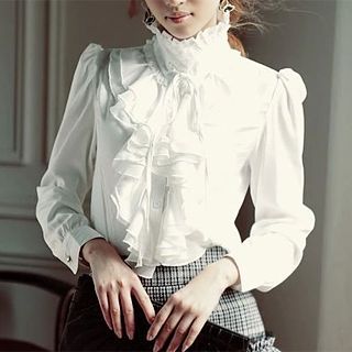 Buy KOKA High-Neck Ruffled Blouse at YesStyle.com! Quality products at remarkable prices. FREE Worldwide Shipping available! White Ruffle Blouse, Ruffled Blouse, Mens Fashion Smart, Ruffle Collar, Blouse Online, Beautiful Blouses, Work Blouse, Shop Blouses, Blouse Styles