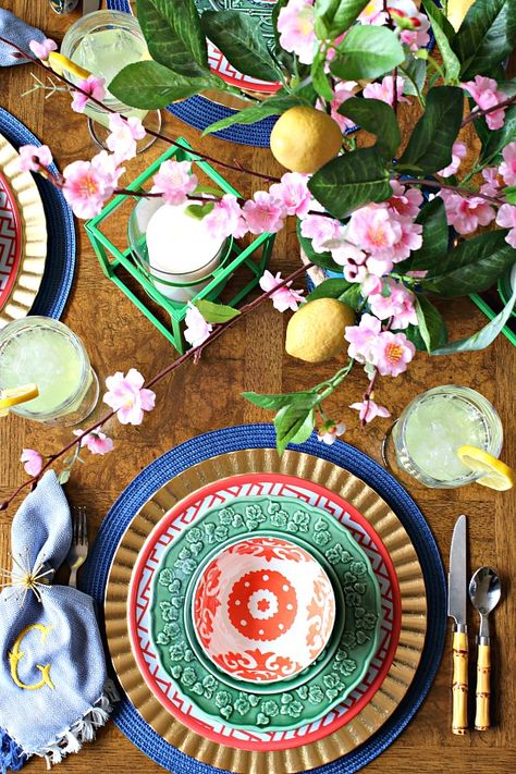 IT'S A COLORFUL LIFE- SPRING HOME TOUR 2019 - Dimples and Tangles Appetizer Station, Tablescaping Ideas, Front Porch Spring, Tablescapes Spring, Dimples And Tangles, Spring Front Porch, Green Spray Paint, Fresh Tulips, Pagoda Lanterns