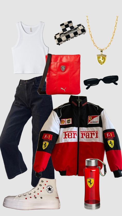 Cute Racing Outfits, Formula One Clothes, Outfits For F1 Race, Gran Prix Outfit, Formula Jacket Outfit, F1 Wife Outfits, F1 Race Weekend Outfits, Formula 1 Aesthetic Outfit, F1 Race Outfit Ideas