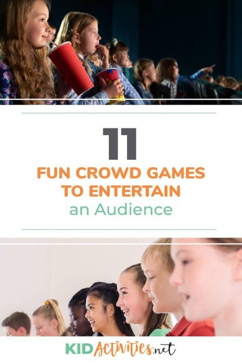 A collection of fun crowd games to entertain an audience. These can make for great transition ideas in-between performances, great party games for big groups of kids, or any event you may need to entertain a large audience of kids. #kidactivities #kidgames #activitiesforkids #funforkids #ideasforkids Crowd Games Interactive, Party Bus Games, Games For Big Groups, Vbs Games, Indoor Party Games, Kids Having Fun, Large Group Games, Sunday School Games, Church Games