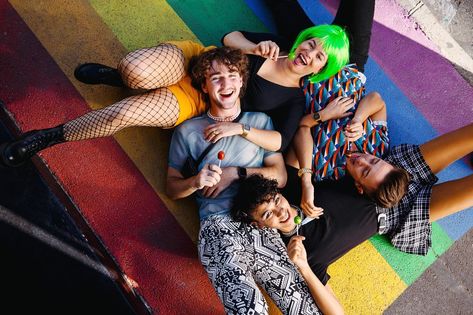 Queer Friend Group, Queer Friendship, Lying Down, Friends Bonding, Holding A Lollipop, Queer Friends, Queer People, Friendship Group, People Smiling