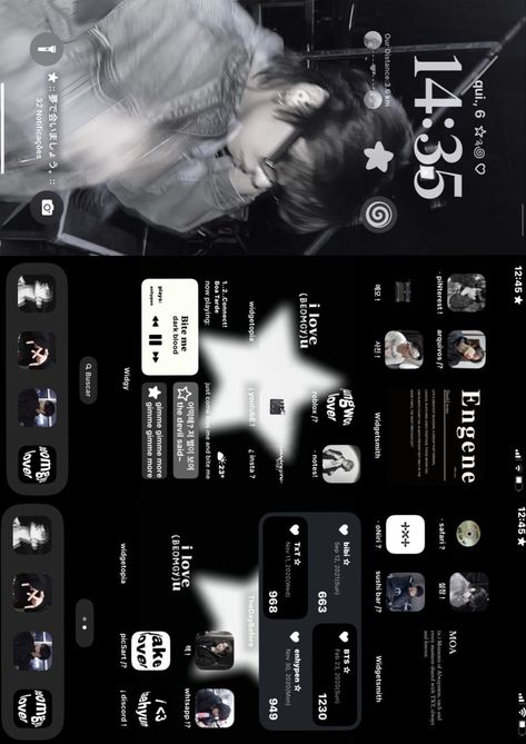 aesthetic home and locks screen kpop enhypen and txt with transparent icons and widgets kpop homescreen Organisation, Wallpaper And Apps Ideas, Iphone Widget Inspiration, Iphone Themes Ideas Dark, Irl Wallpapers Aesthetic, Iphone Widget Ideas Aesthetic, Wallpaper Iphone With Widget, Customized Phone Screen, Themes For Home Screen