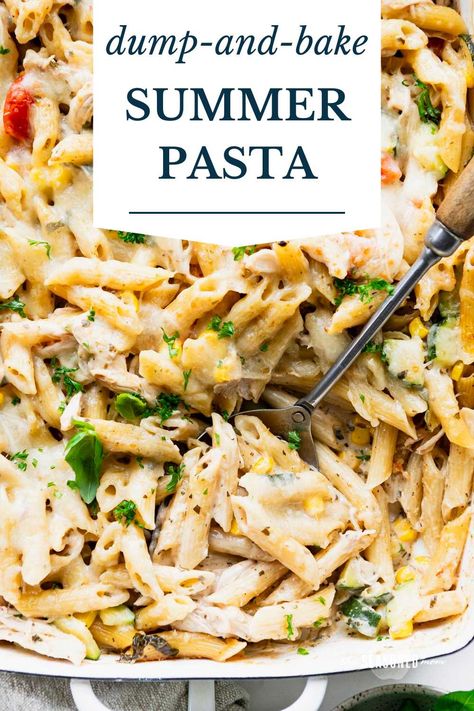 This dump-and-bake summer pasta is loaded with all of the season's best produce -- zucchini, corn, tomatoes, and fresh basil, as well as tender chicken, pesto, and cheese. You don't even have to boil the noodles for this fresh, flavorful, and easy dinner! Pesto Recipes Dinner, Basil Pesto Chicken Pasta, Basil Pesto Pasta Recipe, Summer Casserole Recipes, Chicken Zucchini Recipes, Chicken Zucchini Pasta, Fresh Corn Recipes, Pesto Pasta Bake, Fresh Basil Recipes