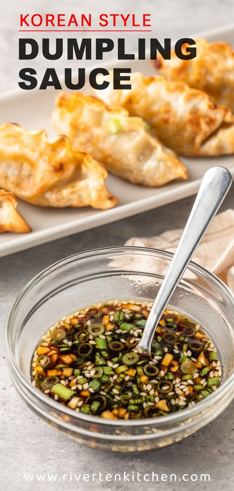 Korean dumpling sauce made of soy sauce, sugar, garlic and sesame oil. Sauce For Pork Dumplings, Sweet And Spicy Dumpling Sauce, Dumplings In Sauce, Ginger Dumpling Sauce, Sauce For Soup Dumplings, Dumplings Recipe Sauce, Thai Dumpling Sauce, Chinese Dumplings Sauce, Vegetable Dumplings Chinese