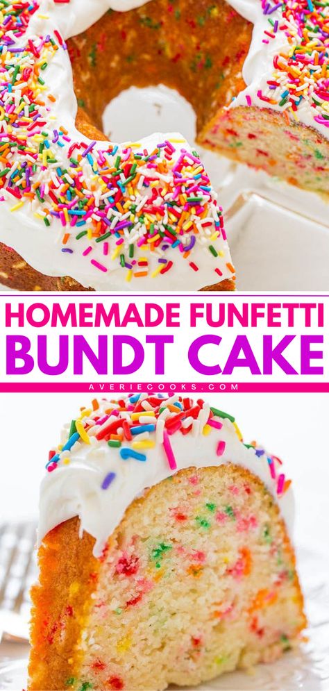 Complete your Mother's Day dessert ideas with this funfetti cake from scratch! This Mother's Day baking recipe is also great for birthdays. Moist, fluffy, and loaded with sprinkles, this easy homemade funfetti bundt cake is the BEST. Perfect for celebrating! Funfetti Bundt Cake Recipes, Funfetti Bundt Cake, Homemade Funfetti Cake, Funfetti Cake Recipe, Bunt Cake Recipe, Bundt Cake Recipes, Cake Recipes For Beginners, Moist Cake Recipe, Mothers Day Desserts