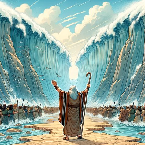 A cartoon-style illustration depicting Moses parting the Red Sea, suitable for a Bible story context. Moses stands at the forefront, with his staff raised high, commanding the sea to part. The sea should be dramatically splitting, creating a large path for the Israelites to walk through on dry ground. The scene is set during the day, with a clear sky overhead, and the walls of water on either... Moses Split The Sea Tattoo, Red Sea Parting Painting, Bible Scenes Illustration, Moses Split The Sea, Moses Cartoon, Moses Illustration, Old Testament Art, Moses Crossing The Red Sea, Moses Bible Story
