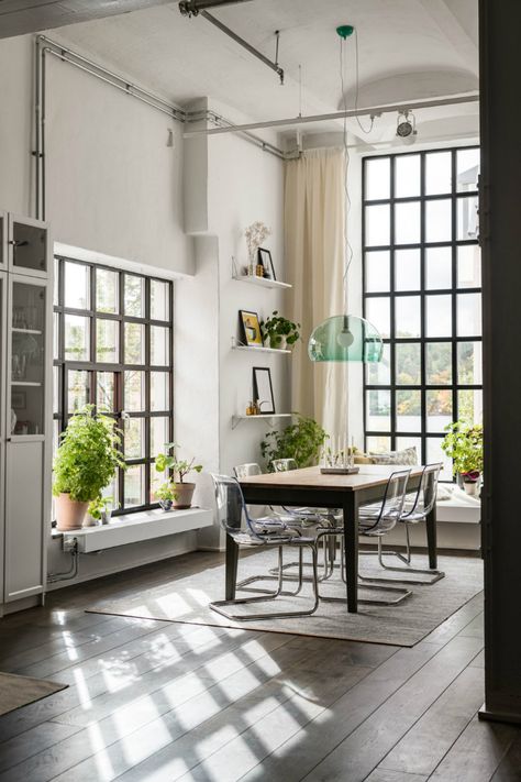 Old Industrial Charm Meets Contemporary Scandinavian Style - Decoholic Loft Ceiling, Transparent Chair, Industrial Windows, Metal Columns, Contemporary Scandinavian, Steel Columns, Loft Design, Parquet Flooring, Scandinavian Interior