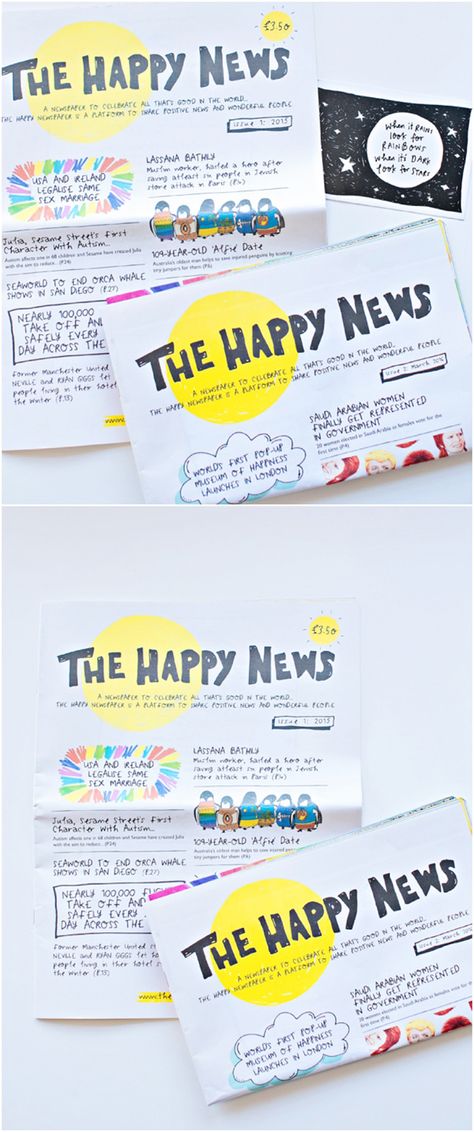 The Happy Newspaper is a Fun Way to Share Happy News Around The World. Such a good idea, a publication focused only on good things and wonderful people with happy illustrations. Great way to share good news with your kids! Happy Newspaper, Make Your Own Newspaper, Happy Illustrations, School Newspaper, Kids Art Studio, Student Newspaper, Beginner Reader, Kids News, Happy News