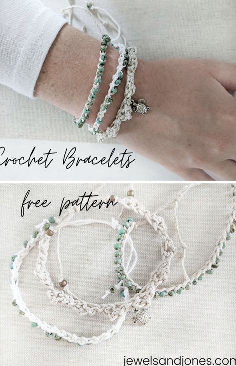 Crochet Beaded Bracelets – Free Crochet Pattern Crochet Boho Bracelet, Crocheted Friendship Bracelets, Beaded Crochet Jewelry, Seed Bead Crochet Patterns Free, Crochet Friendship Bracelets, Crochet With Beads, Crochet Bracelet Tutorial, Bracelets With Beads, Yarn Jewelry