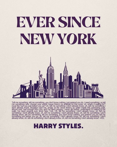 Ever Since New York, Harry Styles, 2017 Harry Styles Ever Since New York Poster, New York Wall Collage, Ever Since New York Harry Styles Poster, Harry Styles Posters Vintage, Harry Styles Wall Collage Bedroom, Prints For Walls Harry Styles, New York Aesthetic Painting, Ever Since New York Tattoo Harry Styles, Ever Since New York Aesthetic Harry Styles