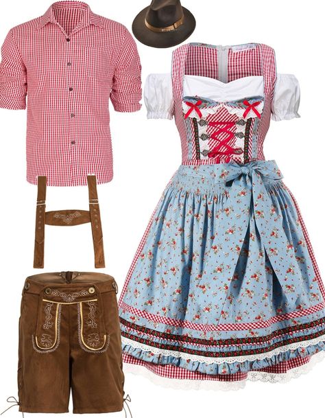 Couple Lederhosen Oktoberfest Beer Garden Costume - Oktoberfest Costumes Dirndl, Garden Costume, Pink Check Shirt, Beer Maid, Wench Costume, Woman Beer, Oktoberfest Woman, Oktoberfest Costume, Rapunzel Costume